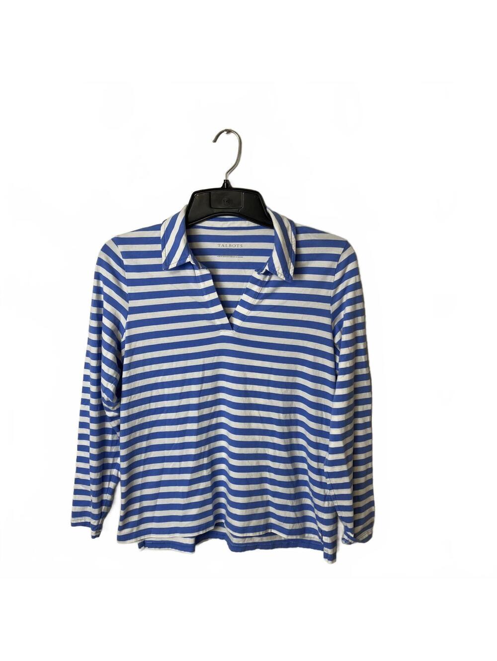Talbots Blue White Preppy Striped 3/4 Sleeve Polo Resort Wear Top Large Petite
